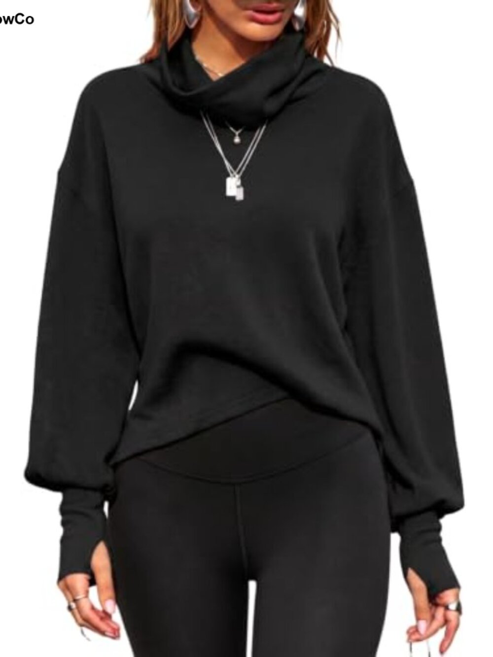 Mock Neck Cropped Pullover Cowl Neck Sweatshirt Thumb Hole Cuffs